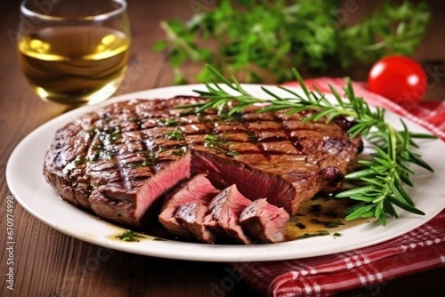grilled sirloin steak with herbs on a ceramic plate