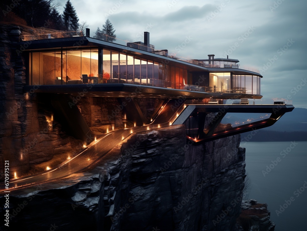illustration of house on then rock. In the cliff. Modern. Futuristic, Generative ai