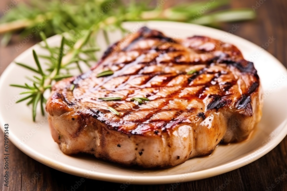 close-up of a grilled pork chop with a rosemary garnish