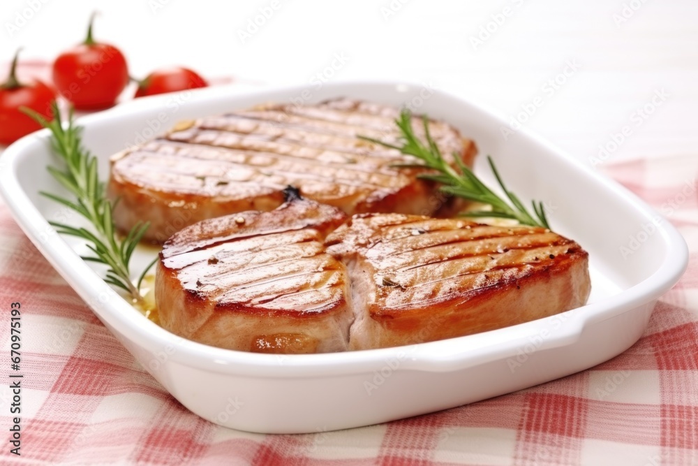 pork chops with grill lines on a white ceramic dish pork chops with grill lines on a white ceramic dish