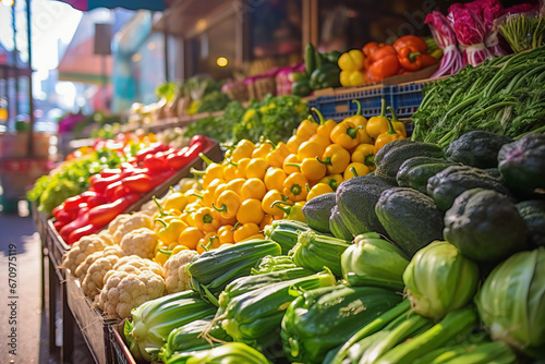 Close up of colorful vegetables in background of farmers market on the street. Lifestyle concept of vacation or shopping.