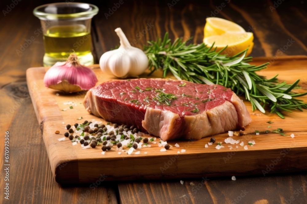 rib-eye steak topped with roasted garlic on a wooden board rib-eye steak topped with roasted garlic on a wooden board