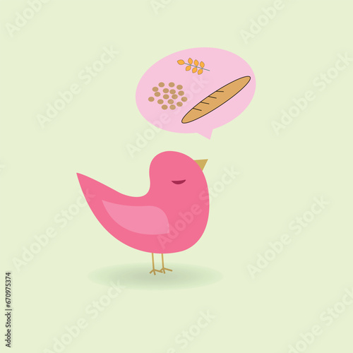 Bird with speech bubble thinking of bread and grains