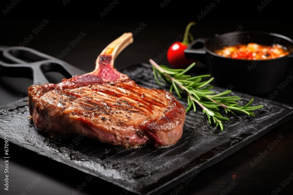veal chop with a charred crust on a black stone dish