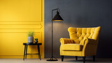Cozy yellow armchair with cushion and coffee table