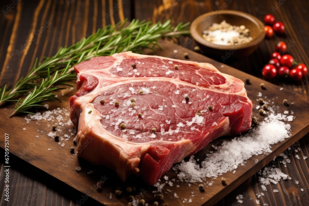 grilled t-bone steak on a rustic wood surface with sea salt scattered nearby