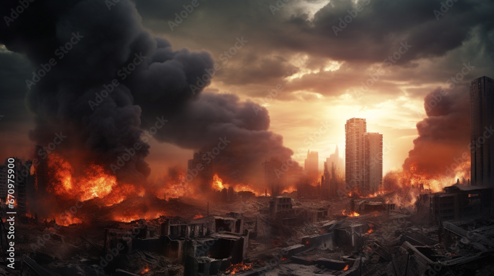 View of destruction city with fires and explosion over dramatic sky background. generative aiView of destruction city with fires and explosion over dramatic sky background. generative ai