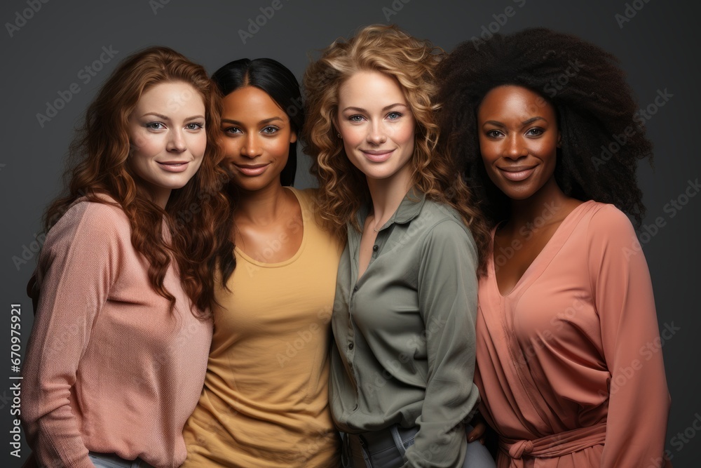 cheerful young multiethnic women. Girlfriends smiling at the camera, posing together. cheerful young multiethnic women. Girlfriends smiling at the camera, posing together.