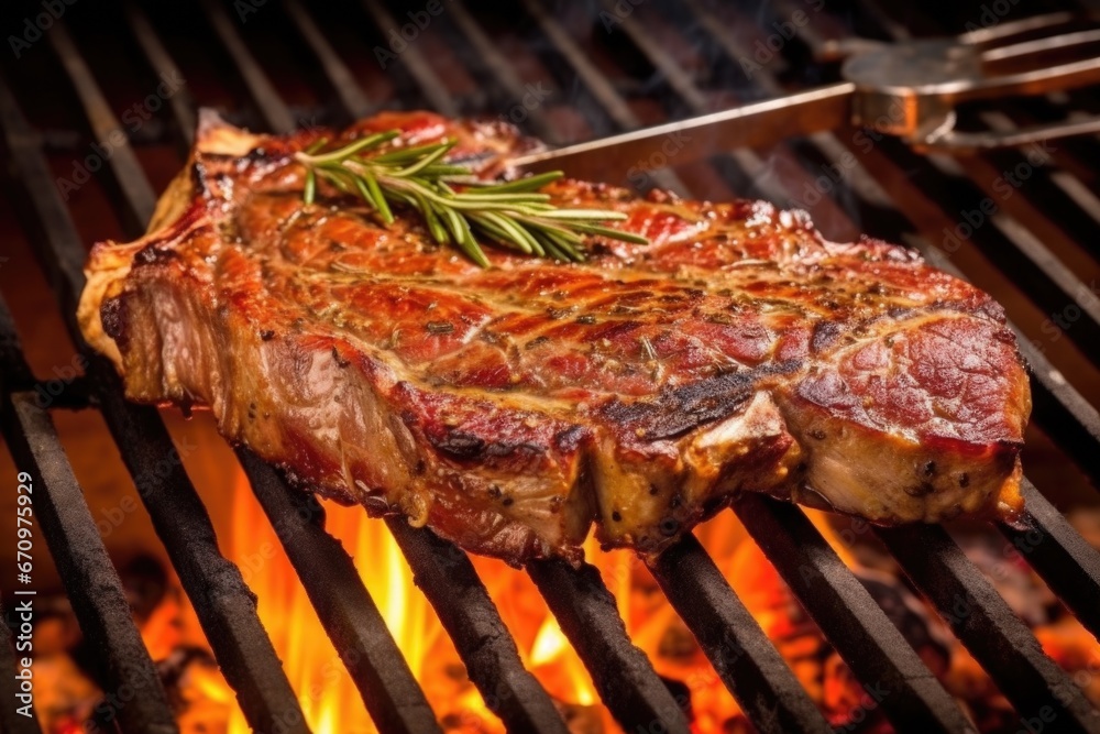 t-bone steak on a barbecue spatula above the grill with flames