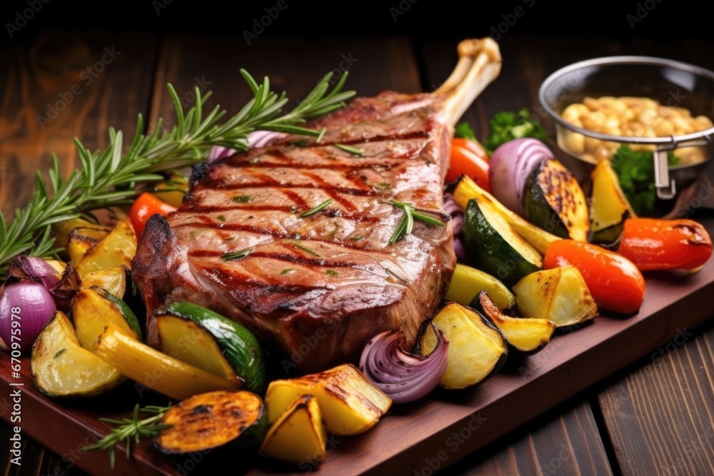 grilled t-bone steak accompanied by grilled vegetables