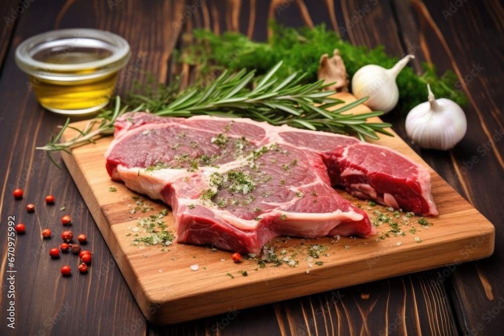 t-bone steak on a board with fresh herbs and seasoning