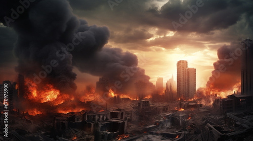 View of destruction city with fires and explosion over dramatic sky background. generative aiView of destruction city with fires and explosion over dramatic sky background. generative ai