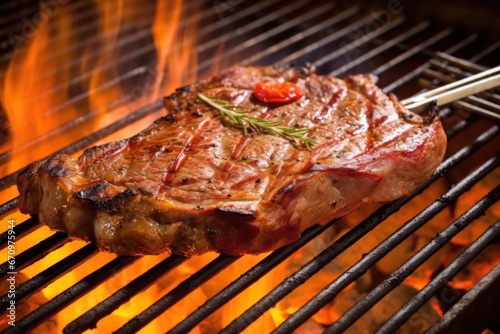 t-bone steak on a barbecue spatula above the grill with flames
