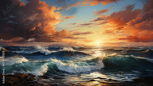 View of sunset into the ocean with twilight sky Nature beautiful Light Sunset over sea generative ai