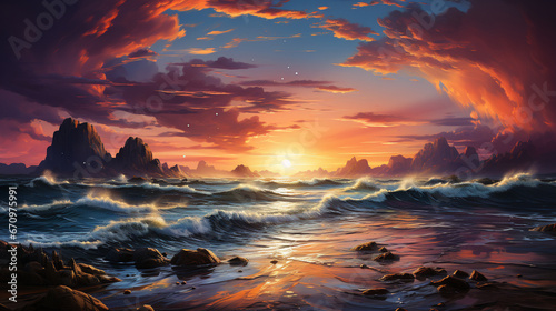 View of sunset into the ocean with twilight sky Nature beautiful Light Sunset over sea generative ai