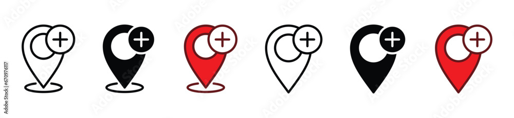 Add location icon. Add a map pin icons. Add map pin pointer marker icon symbol on white background. Vector illustration Add location icon. Add a map pin icons. Add map pin pointer marker icon symbol on white background. Vector illustration