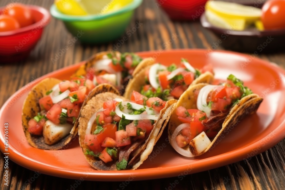 tacos filled with grilled octopus slices and tomato dice tacos filled with grilled octopus slices and tomato dice