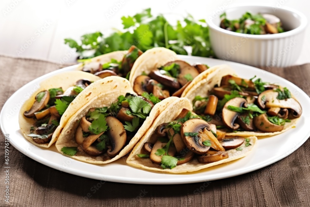 grilled mushroom tacos with cilantro garnish on a white plate grilled mushroom tacos with cilantro garnish on a white plate