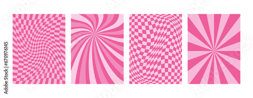 Abstract pink geometric background. Y2k glamour aesthetic. 2000s. Girly doll mood. Vibrant pink sunburst backdrop, banner, cover, card. Groovy checkered board.