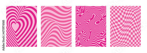 Psychedelic abstract pink background. Y2k glamour aesthetic. 2000s. Girly doll mood. Vibrant pink hypnotic illusions, swirls. Liquify waves. Groovy checkered board. Backdrop, banner, cover, card.  photo