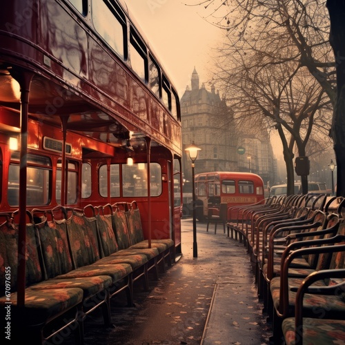 a double decker bus parked in a city photo