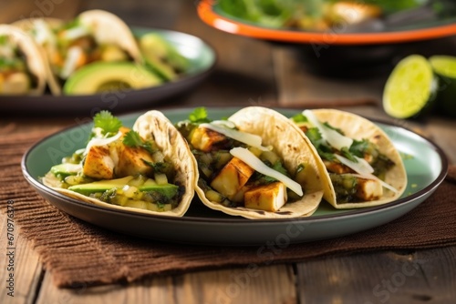tacos with grilled halloumi cheese and avocado slices
