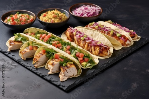 grilled taco assortment neatly arranged on a slate board