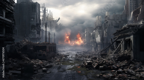 war apocalyptic city. . Destroyed buildings, burnt out vehicles and ruined roads. generative ai