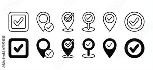 Map pin location checkpoint icon set. Map markers with check mark sign. Vector illustration on a white background