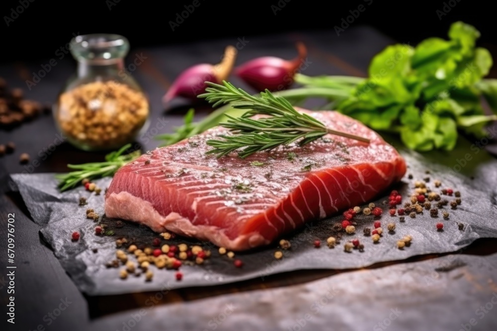 grilled tuna steak with seasonings and herbs on top