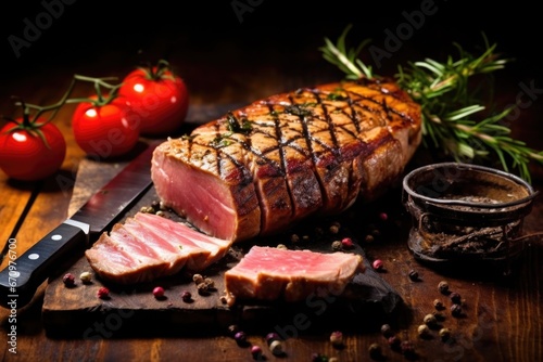 juicy grilled tuna steak being sliced by a knife
