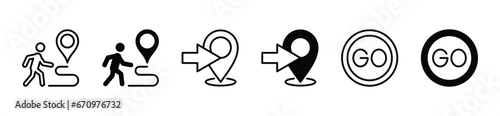 Go icon set. Directions to location icon. Goes to the map pin location icon symbol. Editable stroke. Vector illustration