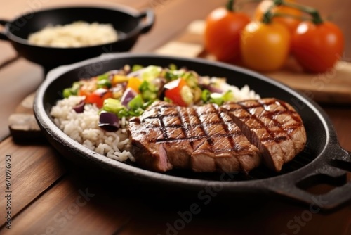 grilled tuna steak paired with a bowl of rice