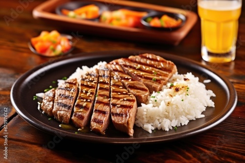 grilled tuna steak paired with a bowl of rice