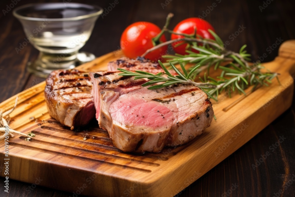 partially sliced grilled veal chop on a board partially sliced grilled veal chop on a board