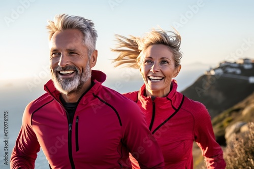 Athletic aged couple, man and woman jogging in the mountains, outdoors