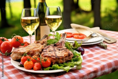picnic table set with grilled veal chops and cold beer