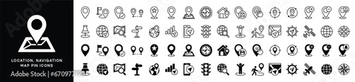 Location line icons set. Navigation icons. Map pin place marker icon symbol. Direction, compass, GPS, place, distance, route, traffic, road and other. Vector illustration
