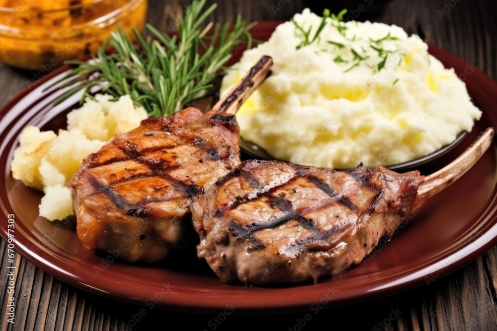 grilled veal chops on a ceramic plate with mashed potatoes