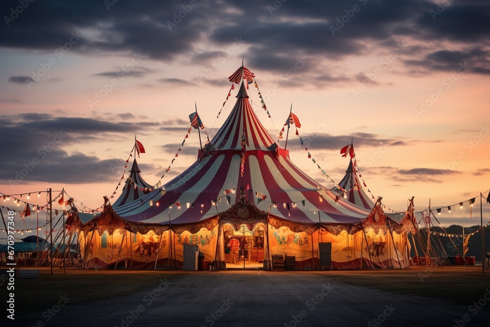 Circus tent against the sky in evening. Circus poster, poster. World Circus Day. Generated by artificial intelligence - obrazy, fototapety, plakaty 