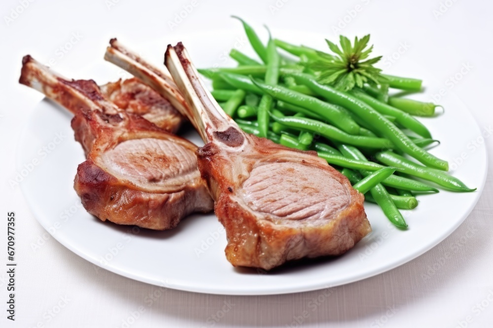 grilled veal chops with green beans on a white plate