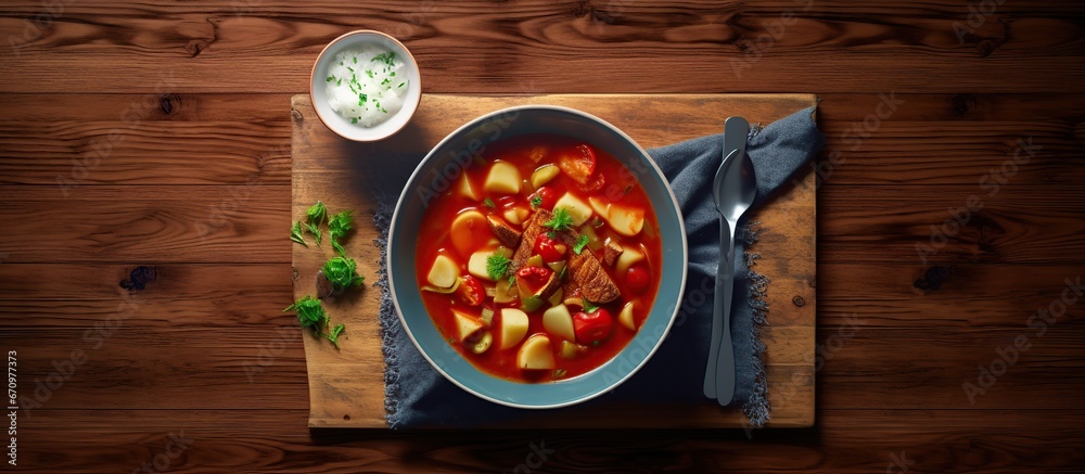 Goulash served on a wooden dining table Goulash served on a wooden dining table