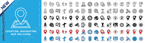 Location, navigation, and map pin icons set. Map marker icon symbol. Direction, compass, GPS, place, distance, route, traffic, road and other. Thin line, flat and color style. Vector illustration