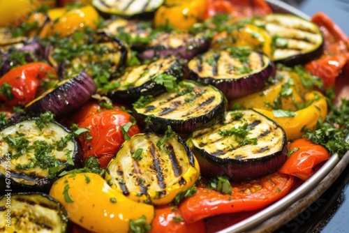 close-up of a grilled vegetable platter with olive oil drizzle