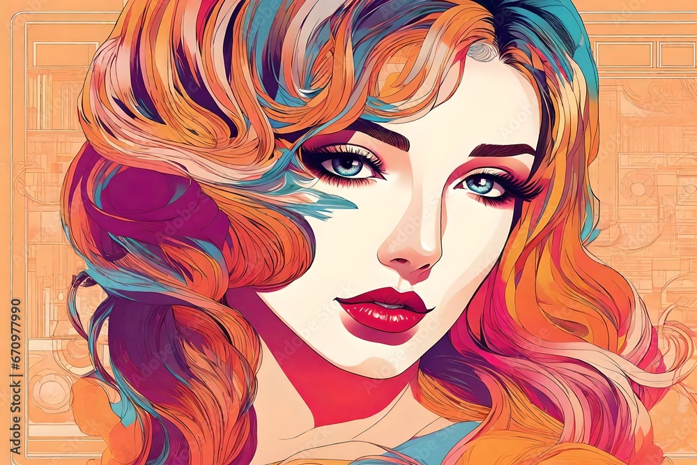  1970s  or 1980s vintage style illustration of a beautiful young woman