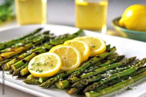 a plate of freshly grilled asparagus with lemon slices