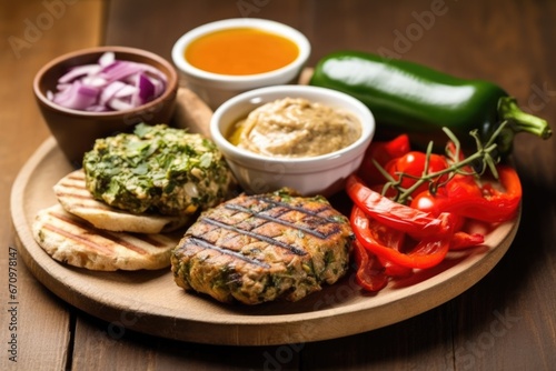grilled veggie burger with variety of sauces on side