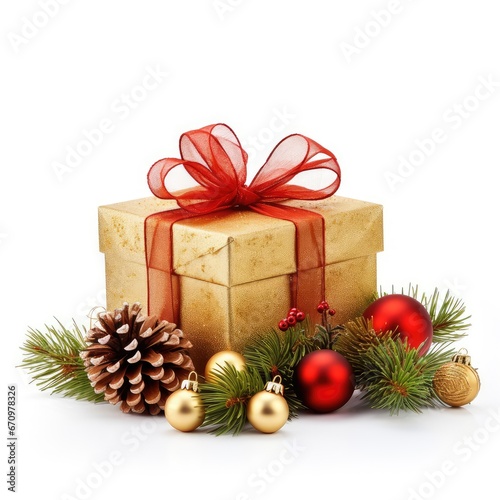 Gold gift box with a bow, a pine branch, Christmas balls and a cone on a white background