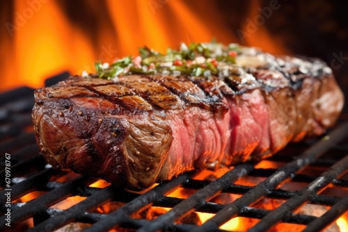 close-up of a steak sizzling on a grill