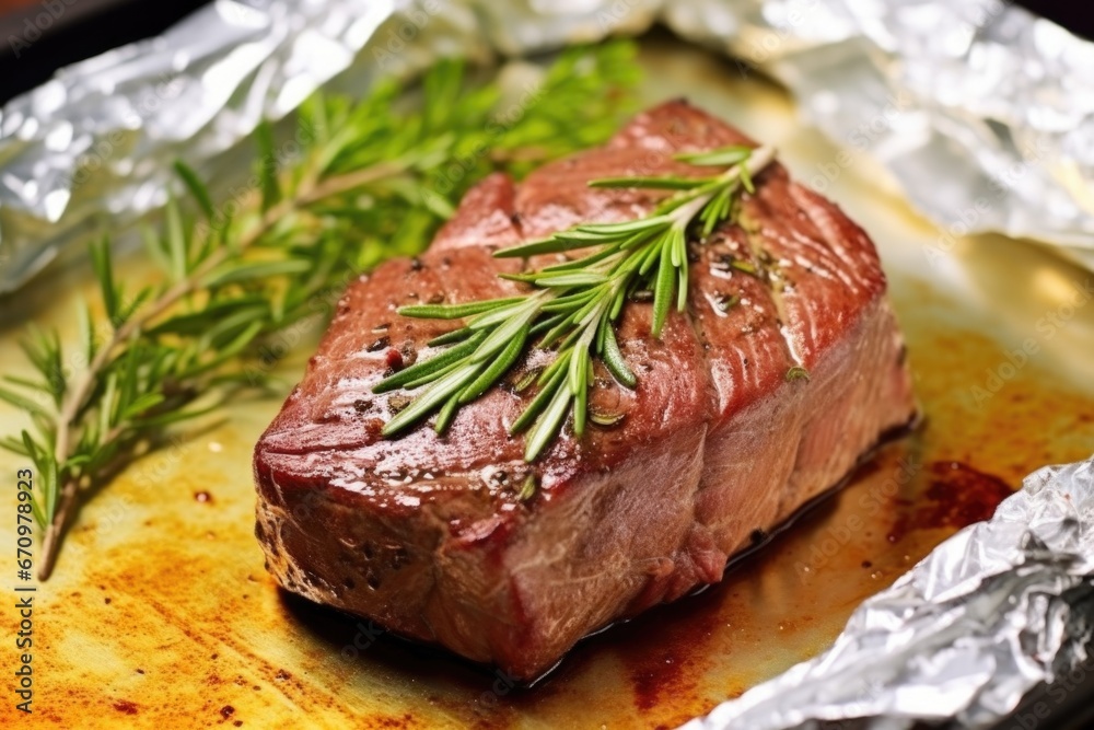 grilled steak placed on foil paper for cooling grilled steak placed on foil paper for cooling